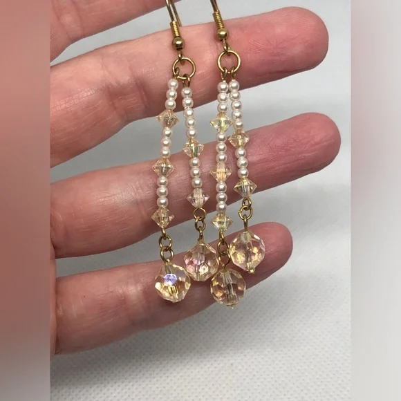 Hand Crafted Iridescent Beaded & Pearl Dangle Earrings - Picture 5 of 5